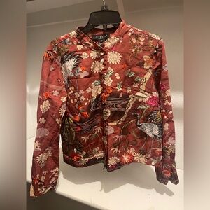 Citron Santa Monica Silk & Linen Blend Asian Top Blouse Floral Abstract Artsy L